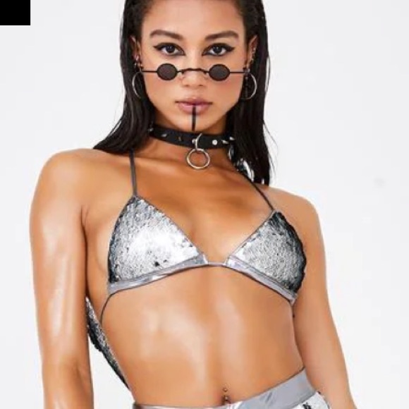 Dollskill Clubexx SUNSHINE SEQUIN BRA TOP Silver Sequin Bikini / Hood med. NWT - Picture 2 of 6